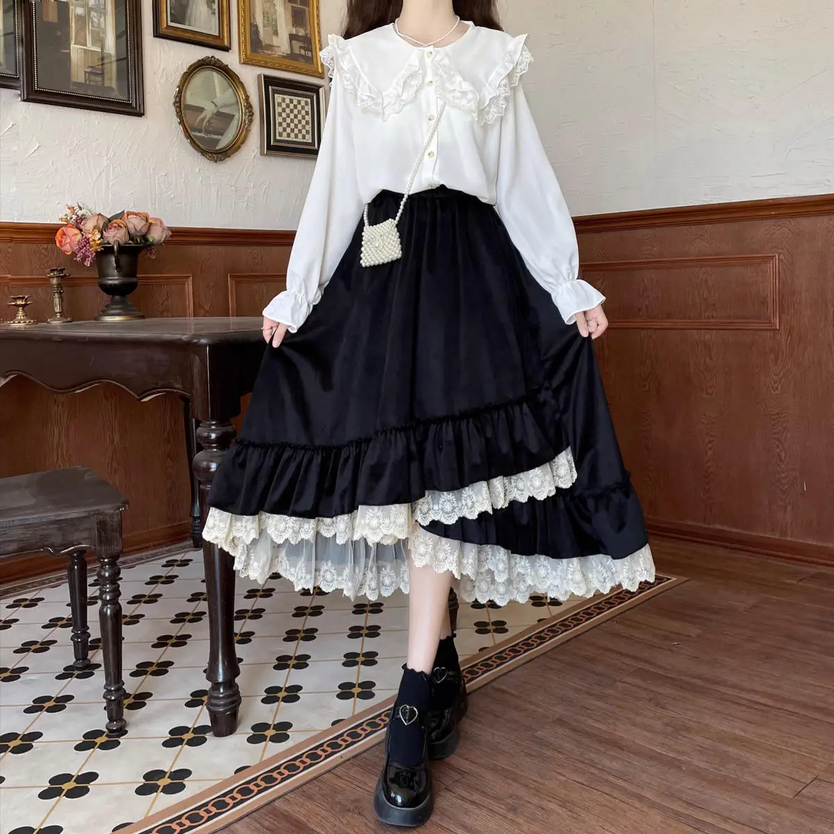 Japanese Autumn Winter Women Lolita Skirt High Waist Black Apricot Velvet Midi Skirt Cute Kawaii Layered Lace Ruffles Midi Skirt