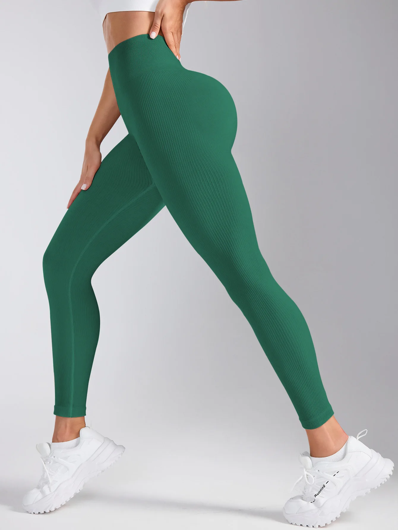 Yoga-Leggings mit V-Rücken und hoher Taille, nahtlose Strickstrumpfhose für Damen, schnell trocknend, Po-Lifting, modische, schlanke, hochelastische Leggings – Detail 39