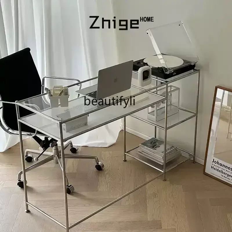 

Medieval bag, rectangular stainless steel computer desk combination desk ins glass display stand deskHY