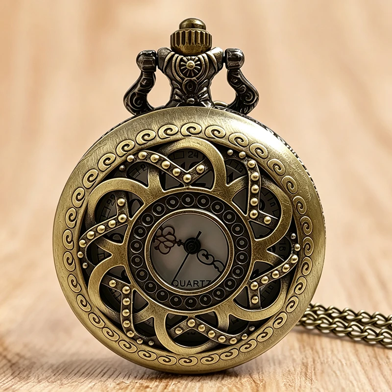 Vintage Antique Hollow Flower Pocket Watch Retro Steampunk Quartz Fob Watch with Necklace Chain Men Collection Gift