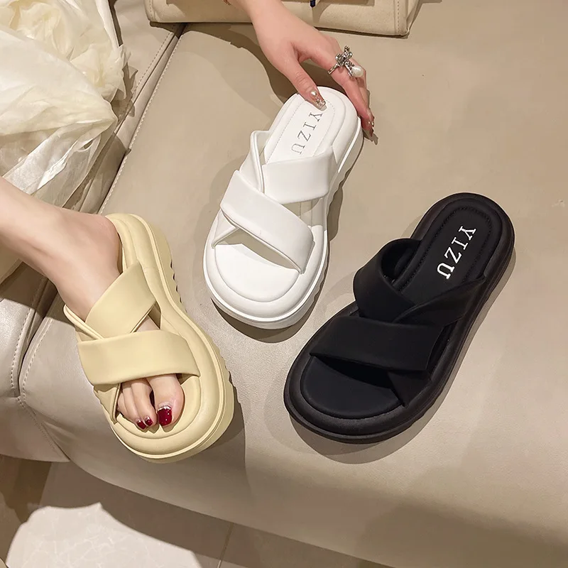 Women Fashion Design Casual Slippers Hook Loop Open-toed Outside Women Outdoor Cross-tied Slippers Platform Soft-soled Sandals