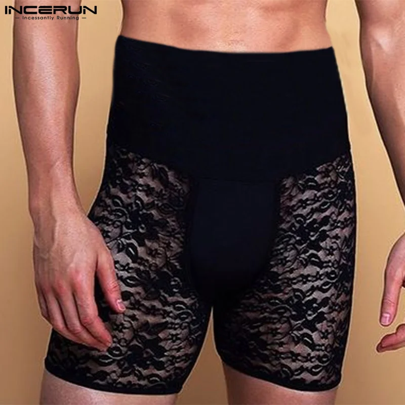 Men Shorts Lace Patchwork High Waist Transparent Shorts Streetwear Elastic 2024 Sexy Summer Fashion Men Bottoms S-5XL INCERUN