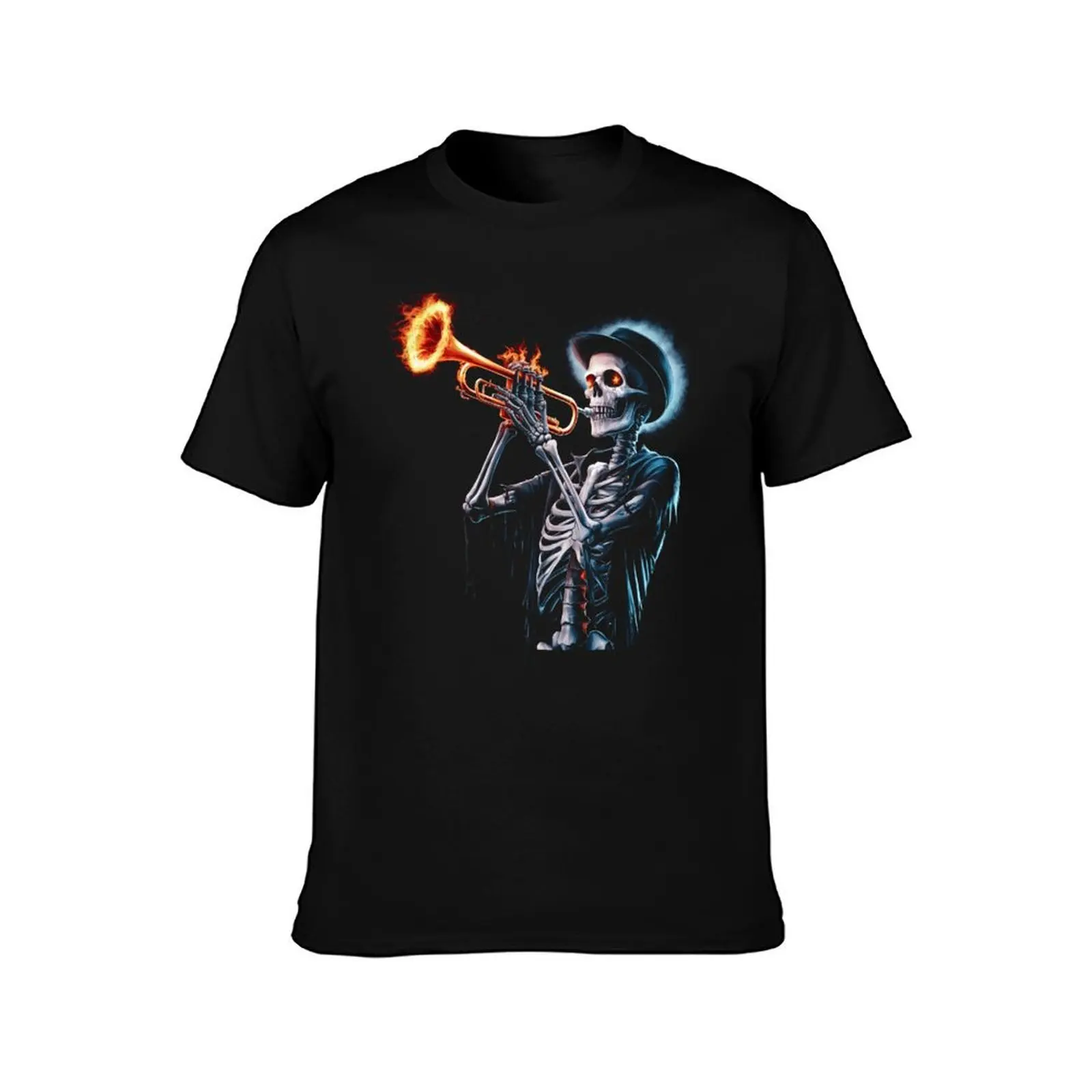 Skeleton playing trumpet Musician Halloween graphic art T-Shirt Louboutins anime tshirt Luxury man mens funny t shirts