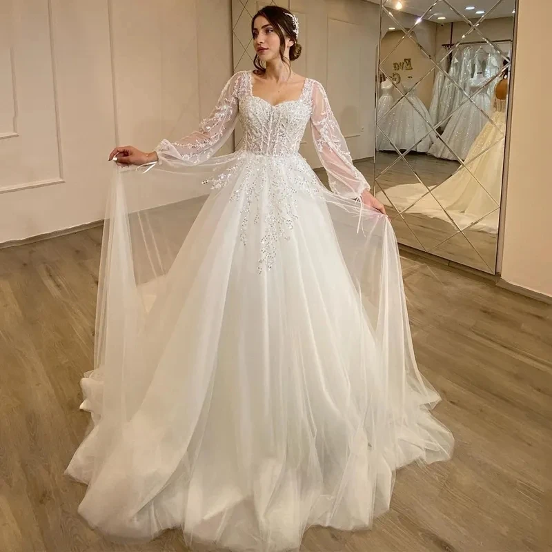 

Puff Long Sleeves Boho Wedding Dresses Sweetheart Luxury Beading Bridal Gowns Lace Up Back