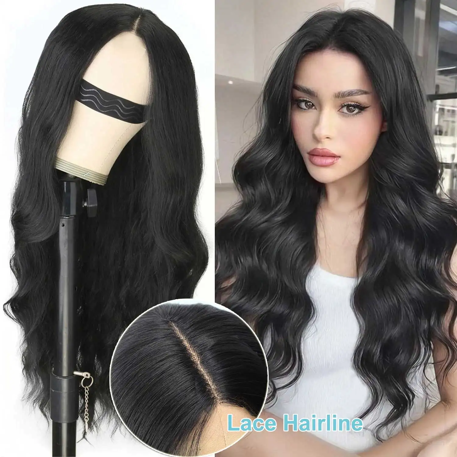 

Средняя часть кружевного парика для женщин Термостойкий синтетический длинный волнистый парик Черный парик с шапочками для парика и подставкой для парика Ежедневно