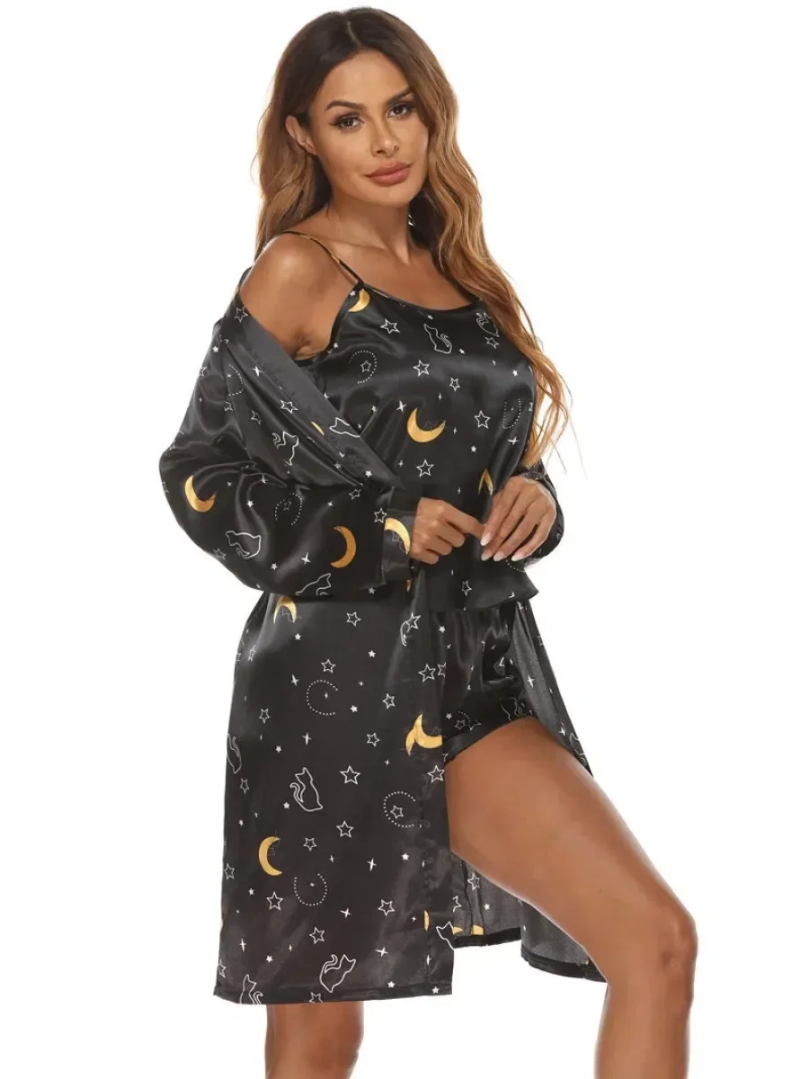 

Women Pajamas Sets 3 Piece Print Pyjama Sling Shorts Robe Suit Faux Silk Satin Sleepwear Spring Summer Pijama Mujer Pjs Homewear