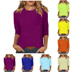 Women's Blouses and Tops, Women's Tops 3/4 Sleeve Summer Ethnic Solid Color Slim Crewneck Slim Fit Tshirts Spring Blouse