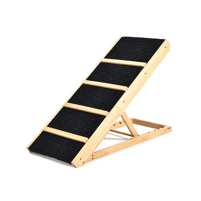 Non-Slip Soft Carpet Surface 5 Heights Adjustable Folding Portable Wooden Cat Dog Stairs Pet Ramp