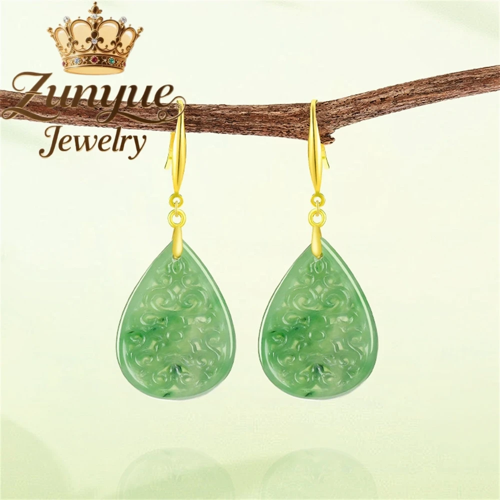 

Natural Spinach Green Old Material Hetian Jade Water Drop Antique Carved Earrings For Women S925 Silver Inlaid Earrings