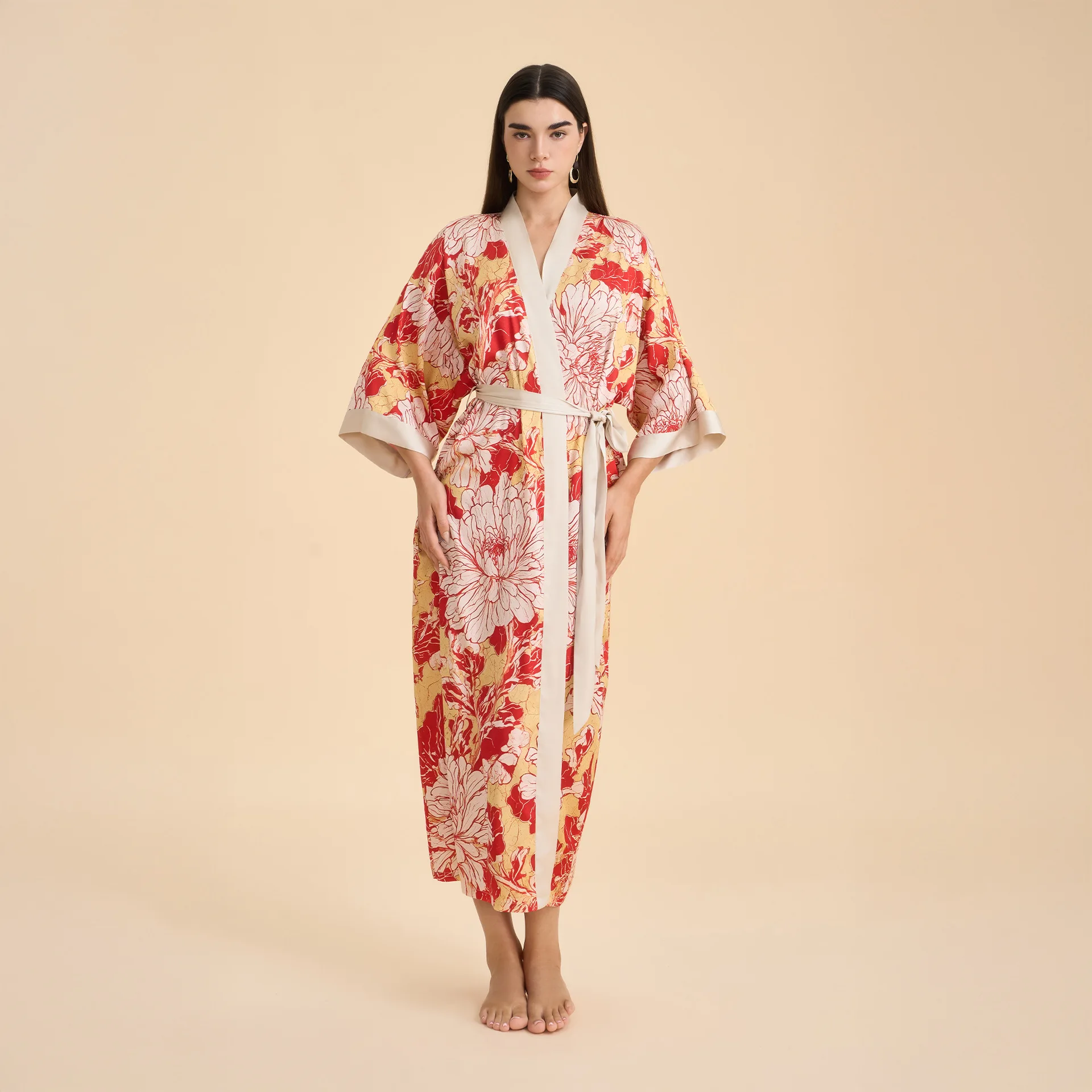 

Oversize Print Flower Long Robe Nightgown Female Bathrobe Homewear Satin Sleepwear Beach Kimono Cardigan