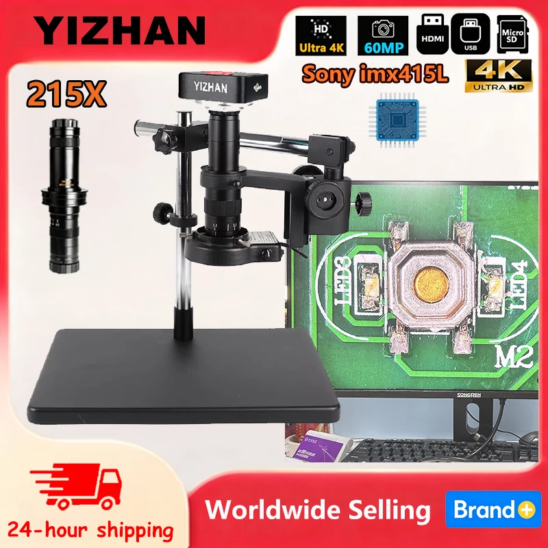 Microscope électronique YIZHAN 60MP Ultra HD 4K avec objectif 150X à monture CS, caméra vidéo industrielle HDMI USB, plusieurs supports