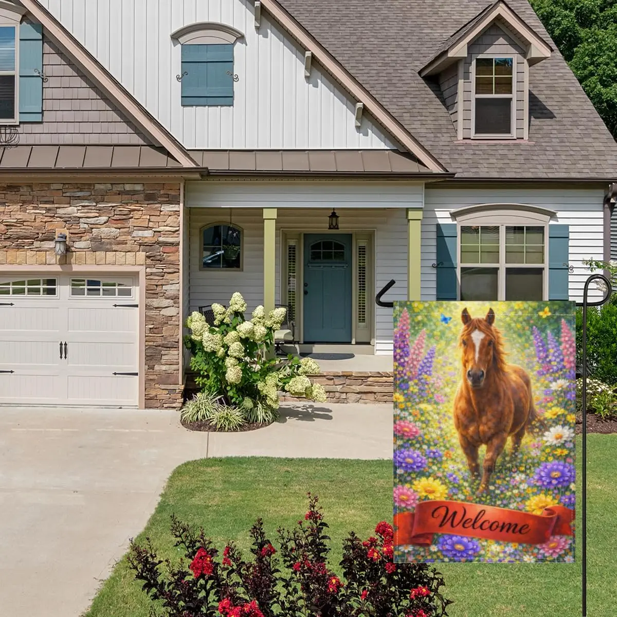 Welcome Garden Flag 28x40Inch,Cute Horse Colorful Flowers,Spring Summer Outdoor Yard Lawn Decor,Fun Animal Oil Painting Doub AAS