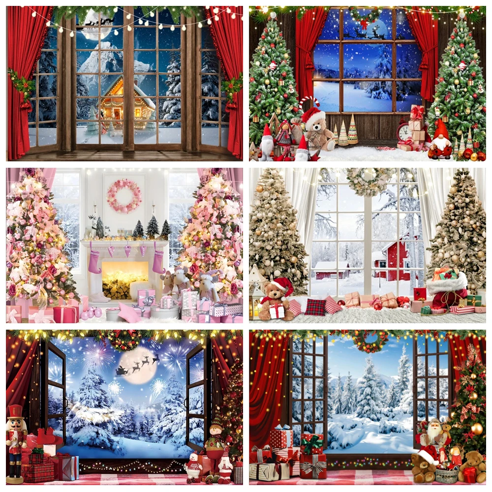 

Merry Christmas Backdrop Xmas Tree Window Winter Snow Forest Santa Claus Gift Family Party Photography Background Photo Studio