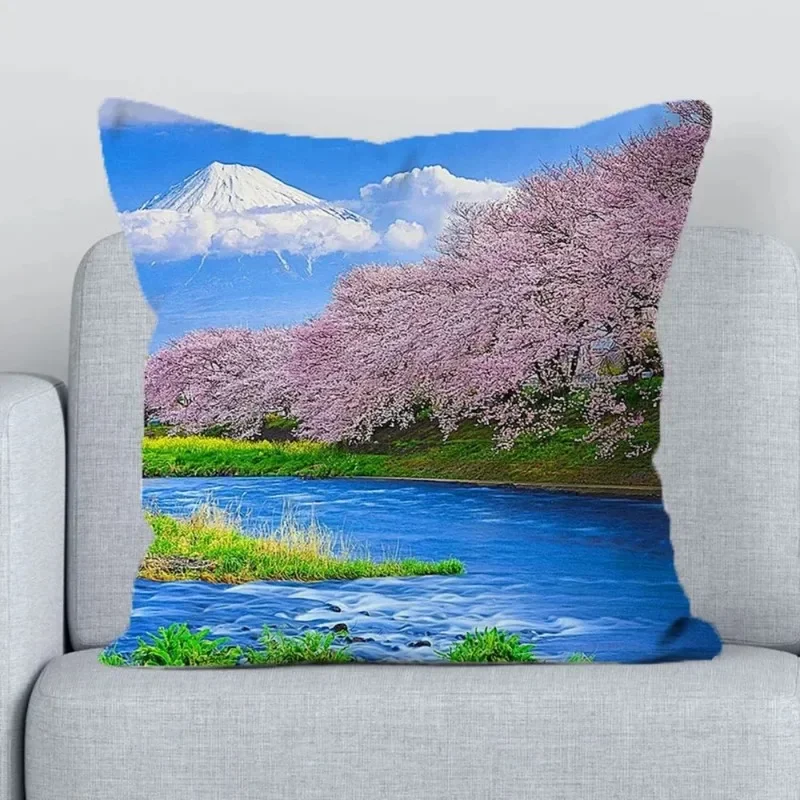 Home Decorative Pillowcase Japanese National Flower Sakura Mount Fuji Pattern Print Home Office Sofa Luxury Cushion Cover