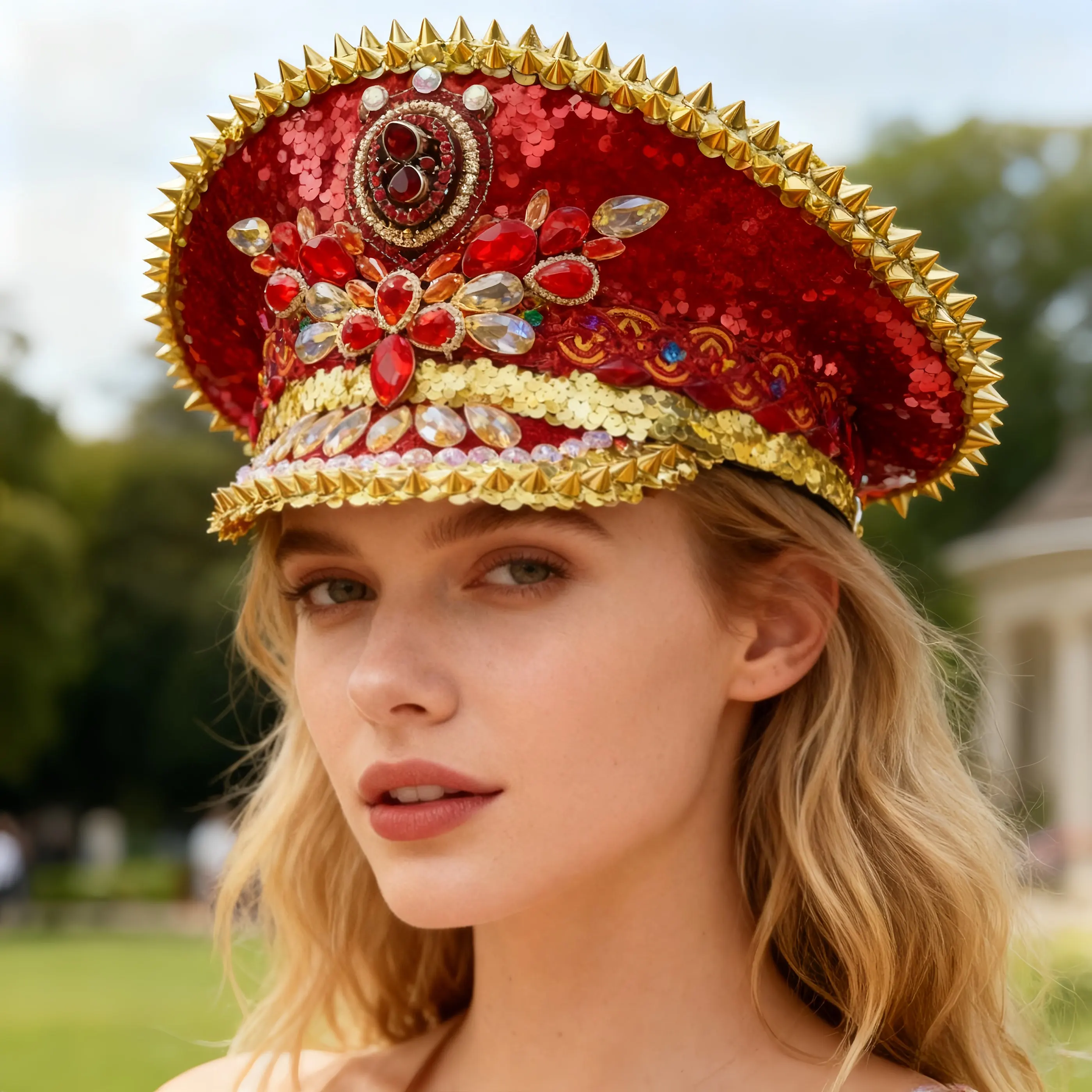 HongLuan Yellow Laser Leather Loop Captain Hat Rhinestone & Military Caps for Woman, Rave Festivals Accessories ＆ Party Cap Man