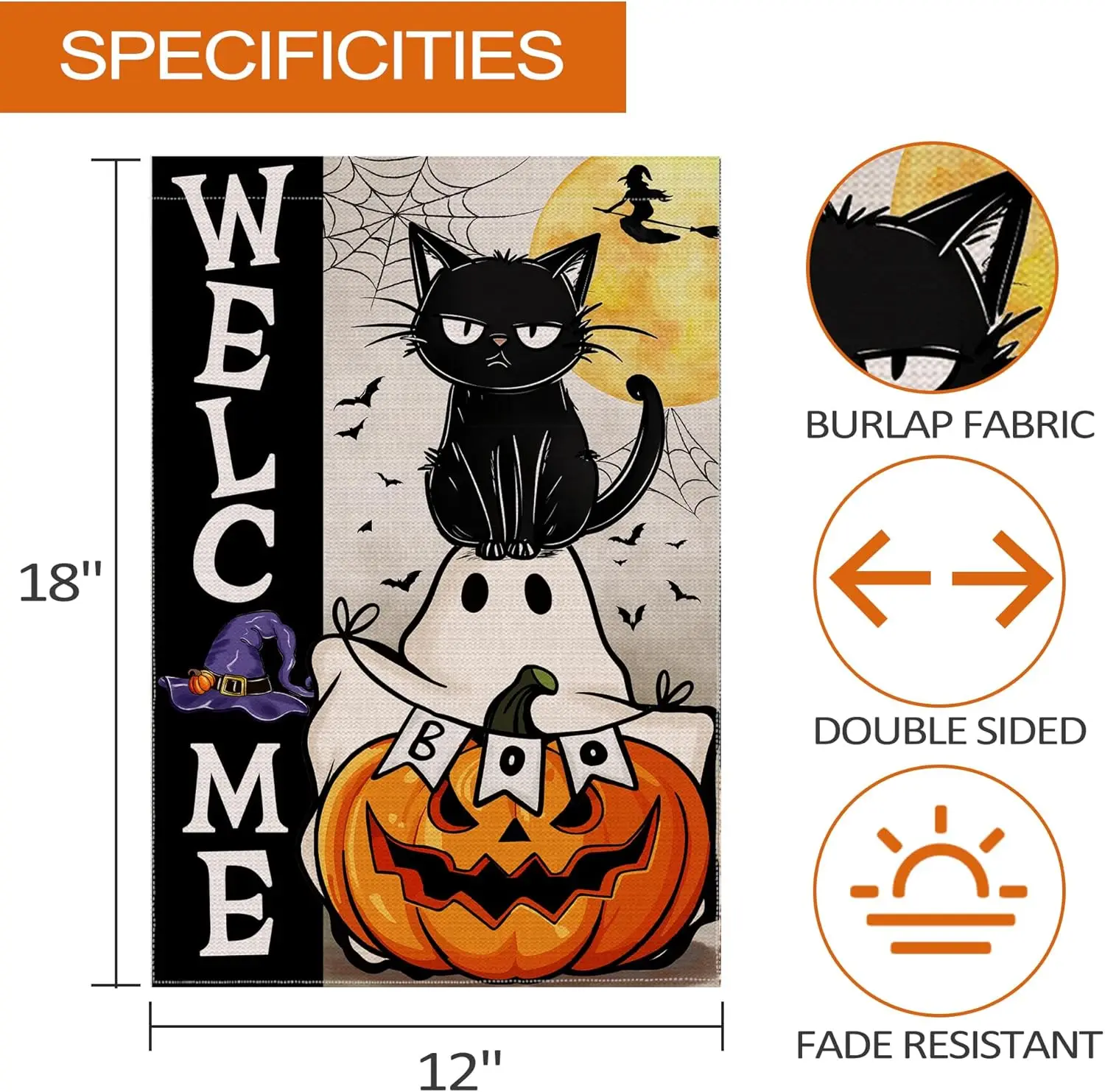 Halloween Garden Flag, Halloween Decor Cat Boo Yard Flag 12x18 Double Sided Holiday, Halloween Garden Flags Pumpkin Signs