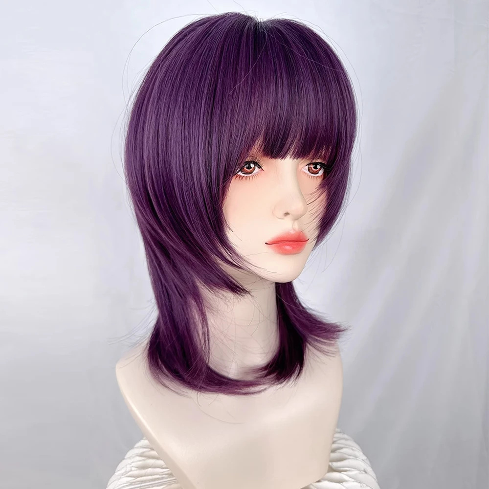 Mullet Head Short Straight Synthetic Purple Women Wig with Bangs Lolita Cosplay Fluffy Heat Resistant Wig for Daily Party