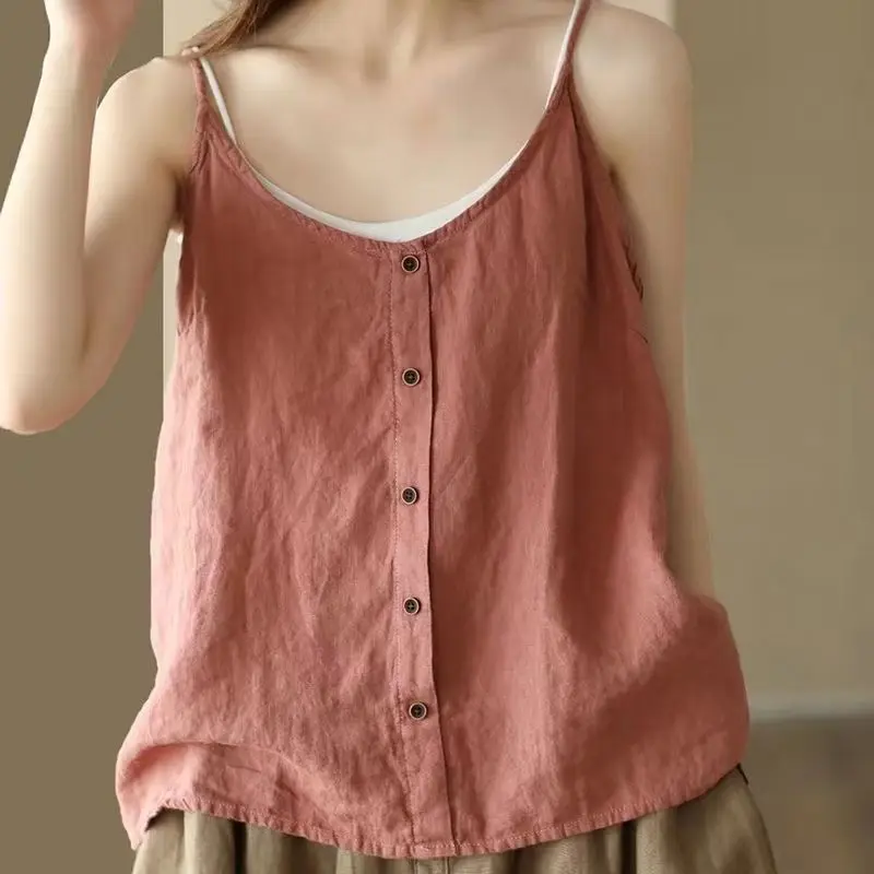 Womens Cotton And Linen Camisole Vest Button Top Summer