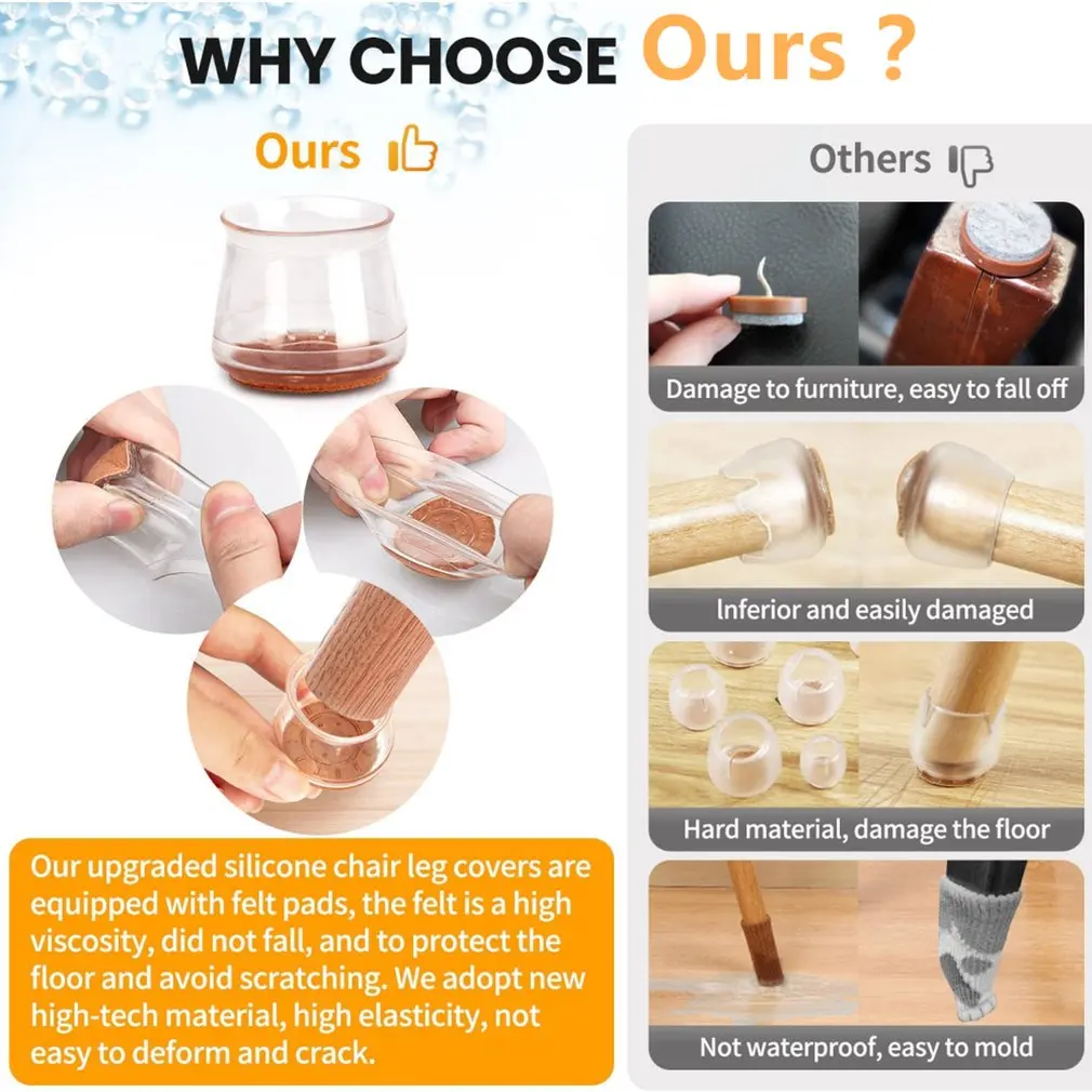 Silicone Chair Leg Protectors with Felt for Hardwood Floors Elastic Leg Cover Pad for Protecting Floors from Scratches and Noise