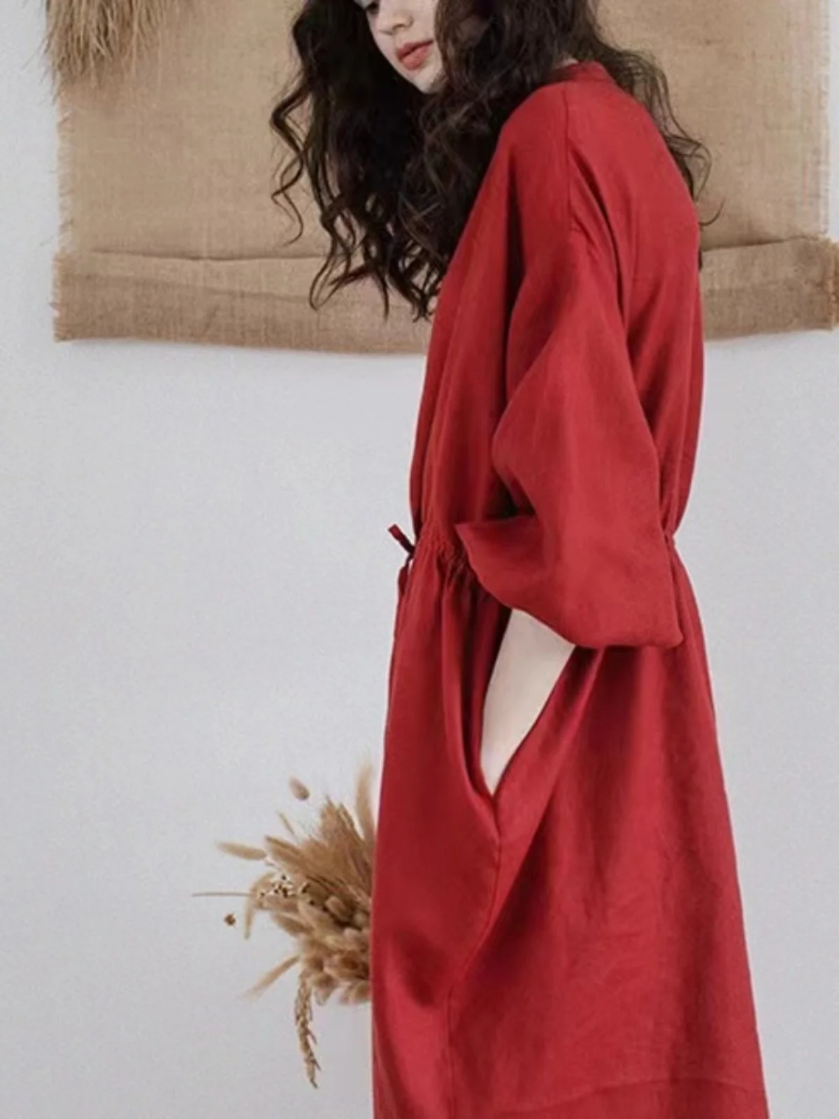 Retro Rosso Sette Quarti Sve Dr Estate da Donna Versatile Vita Allentata Cinching Dimagrante Apertura Completa irt Dr