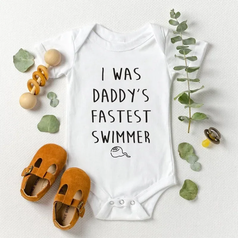 Funny I Was Daddy's Fastest Swimmer Cotton Baby Bodysuits Summer Boys Girls Jumpsuit Clothes Outfit