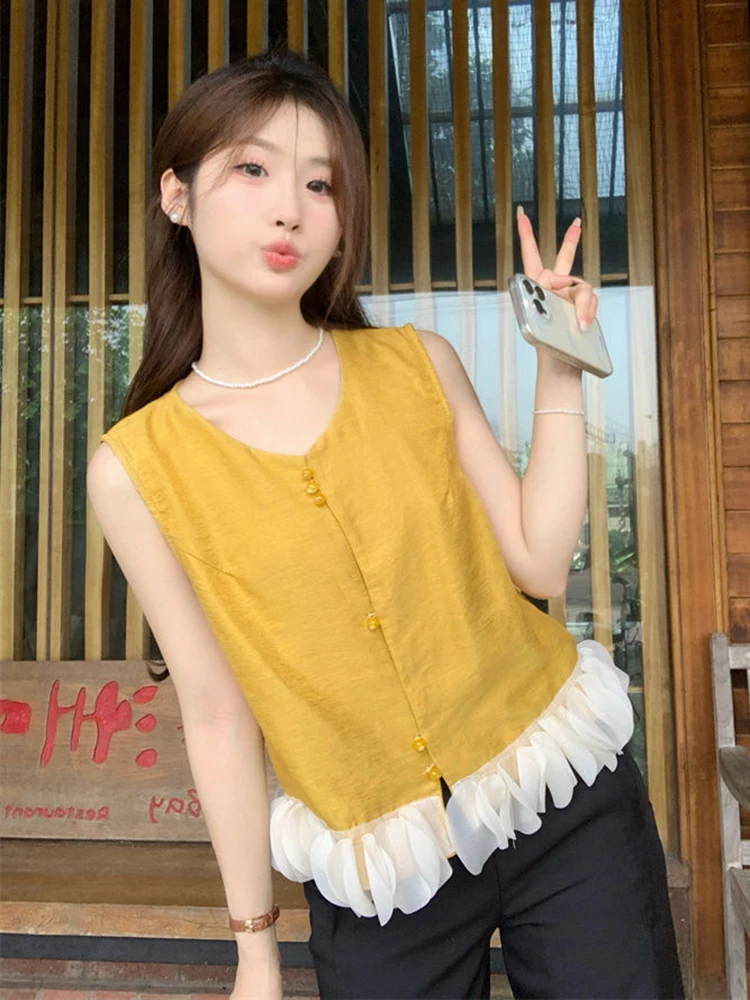 Women Fashion Front Buttons Cropped Waistcoat Vintage O Neck Sleeveless Female Outerwear Chic Tops