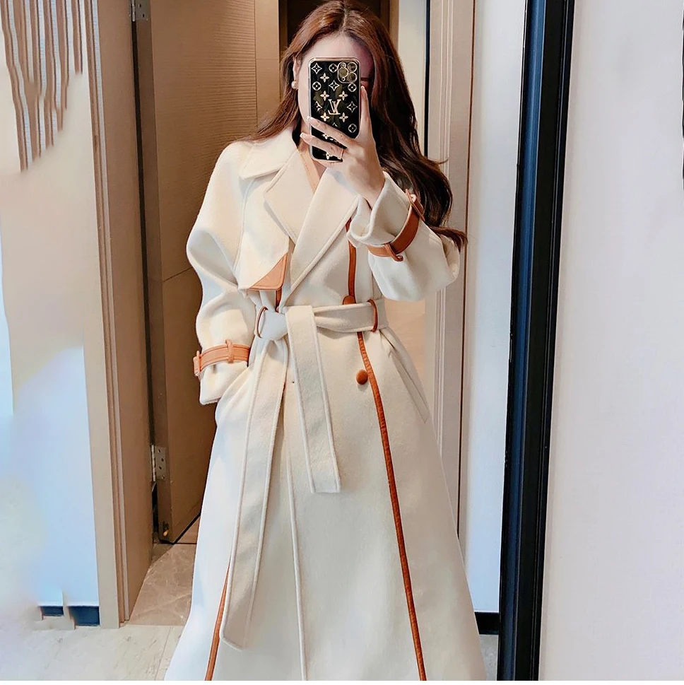 

Шикарная повседневная шерстяная куртка, женское пальто, осень-зима 2026, новый кашемировый шерстяной плащ средней длины с большими лацканами и цветными блоками