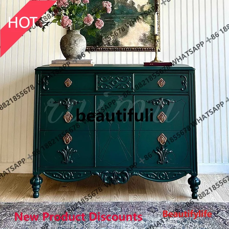 

D53 Комод из цельного дерева в американском стиле ретро, декоративный шкаф с гравировкой для гостиной, французский прикроватный шкаф для хранения вещей