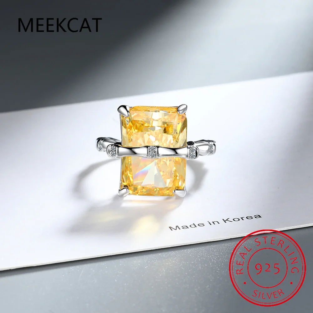 Emerald Cut Natural Yellow Citrine 925 Sterling Silver Bamboo Joint Open Ring for Women Gemstone Fine Jewelry Anillos de Prata
