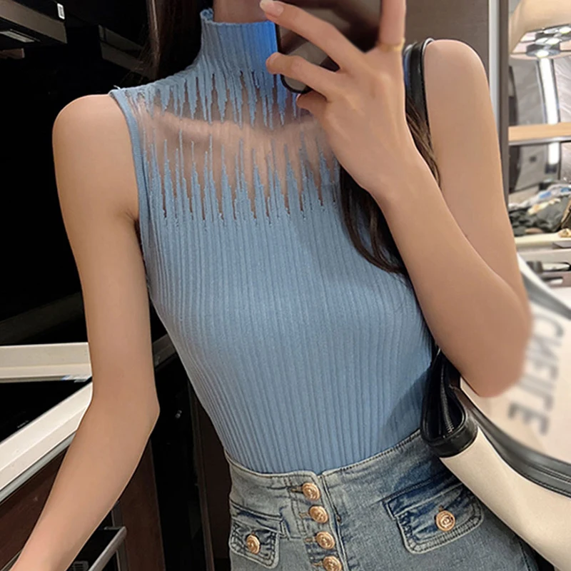 Women\'s Tank Top Simple Fashion Slim Temperament Solid Color Half High Collar Mesh Stitched Korean Version Vest