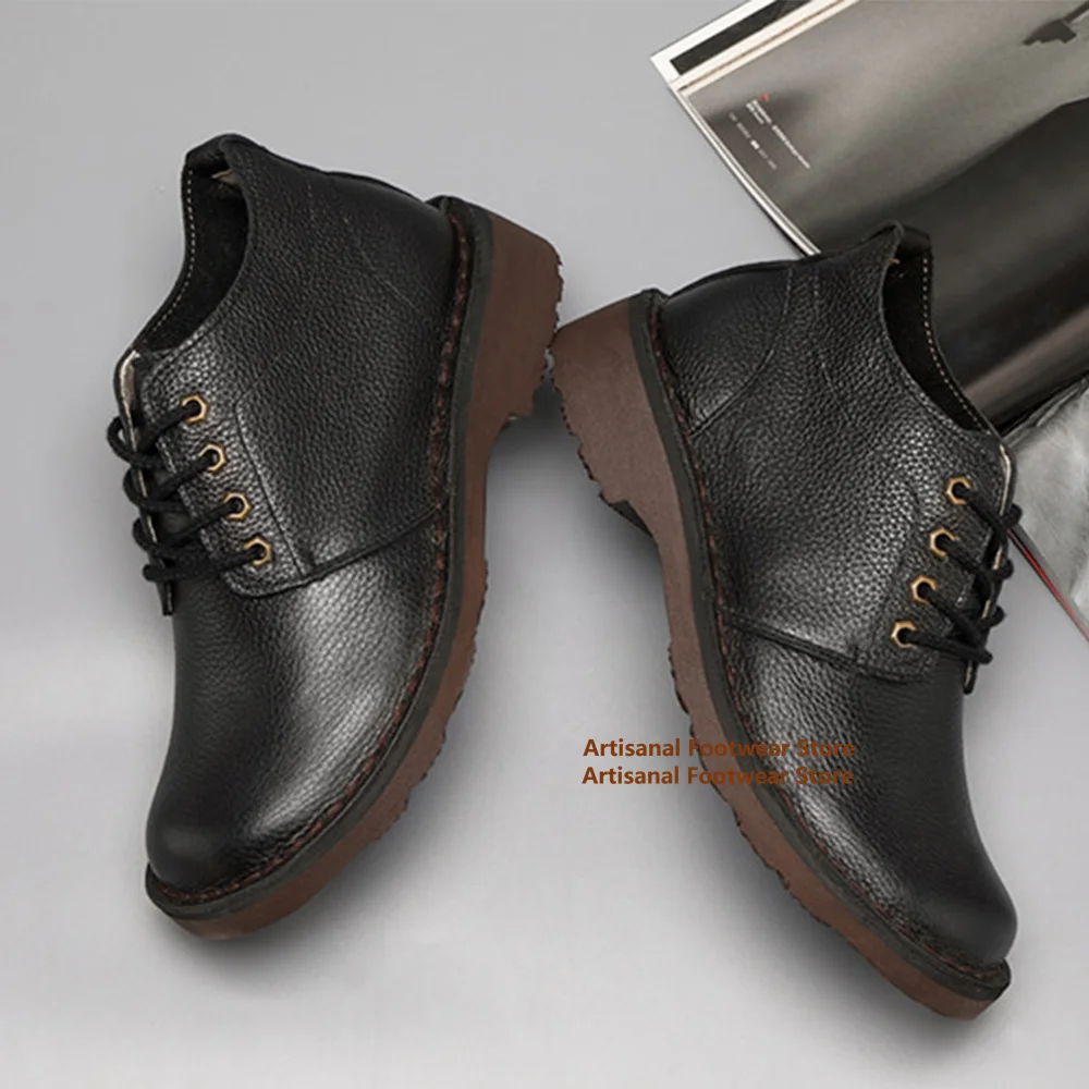 Cowhide Leather Casual Shoes for Men Wide Round Toe Workwear Boots Large Size Breathable Casual Thick Soled Leather Shoes