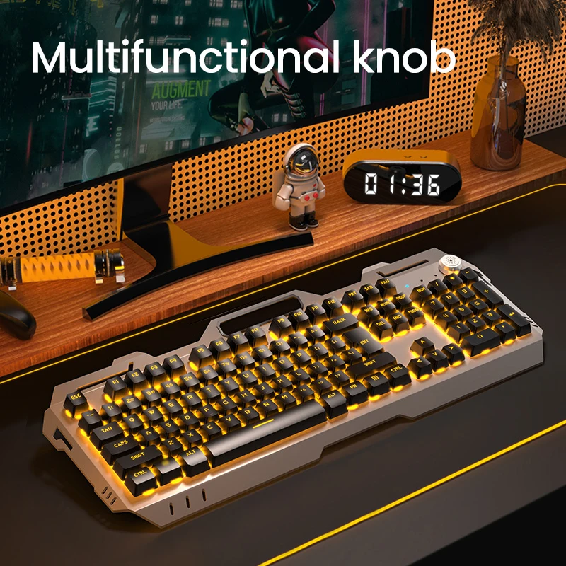 لوحة مفاتيح ألعاب لاسلكية EWEADN 2.4 جيجا هرتز، بإضاءة خلفية LED 104 مفاتيح، غشاء صامت، لوحة معدنية، قابلة لإعادة الشحن (USB)، للكمبيوتر الشخصي/الكمبيوتر المحمول