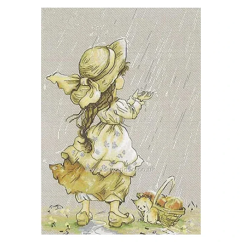 Amishop Top Quality Lovely Cute Counted Cross Stitch Kit Summer Rain Raining Little Girl Luca-s Luca B1077