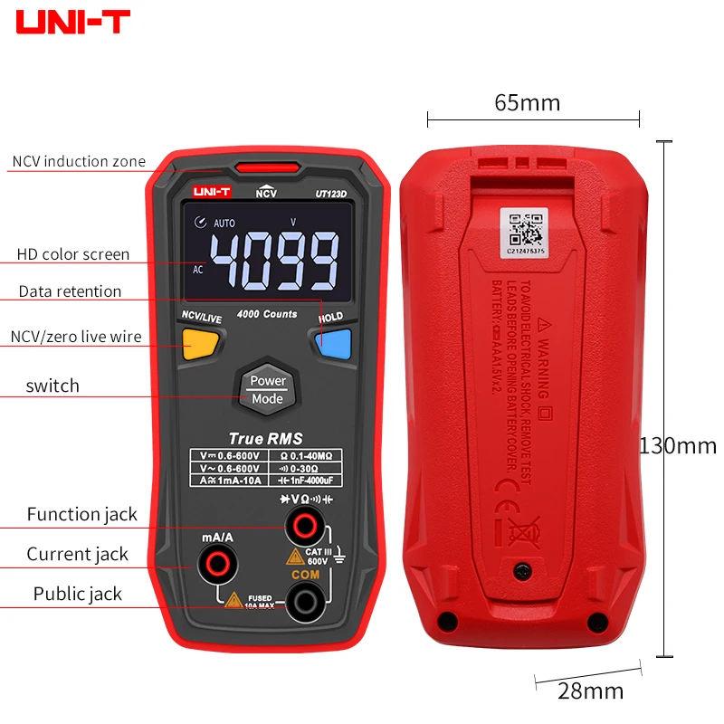 UNI-T UT123 Digital MultimeterAC DC Voltage meter Resistance(Ohm) Temperatue tester;NCV/Continuity Test/EBTN Color Screen