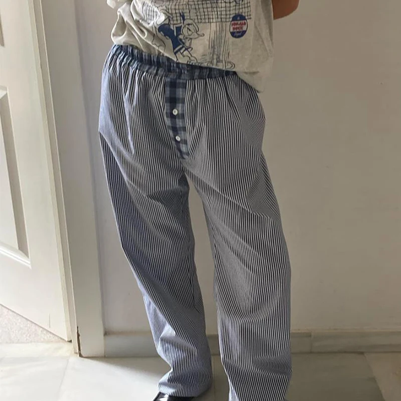 Maemukilabe pantaloni della tuta da donna a righe Plaid Patterm pantaloni a gamba larga a vita alta Y2K pantaloni estetici Vintage Retro Streetwear