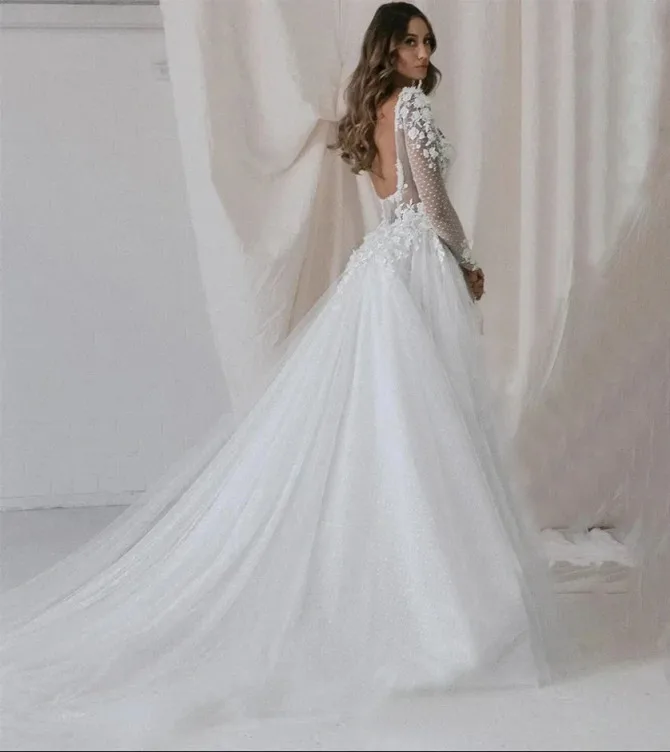 فساتين زفاف أنيقة برقبة مربعة وأكمام طويلة فساتين زفاف بدون ظهر مقاس كبير لـ Special Ocn Vestido De Novia