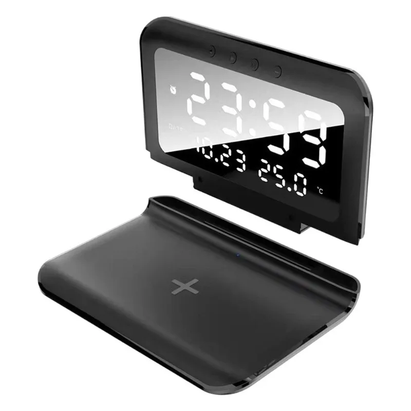 

【ПОСЛЕДНИЙ ШАНС】Настольные часы с быстрой беспроводной зарядкой и цифровым дисплеем, дизайн 2-в-1, черный цвет