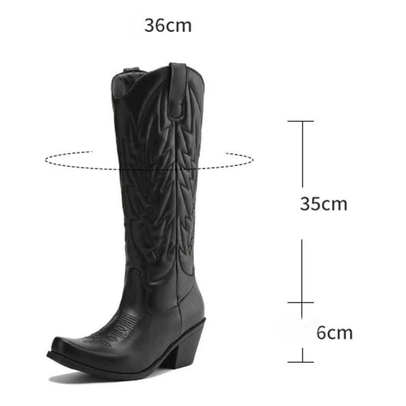 SIMLOVEYO Fashion Women Western Boots Square Toe 6cm Chunky Heels Slip On Embroidery Classic Knee High Booties Big Size 41 42 43