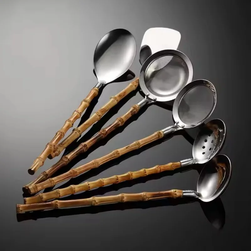 

304 Stainless Steel Natural Bamboo Wood Handle Japanese Style Soup Shell Spoon Mini Shovel Multi Style Mesh Spoon Kitchen Tools