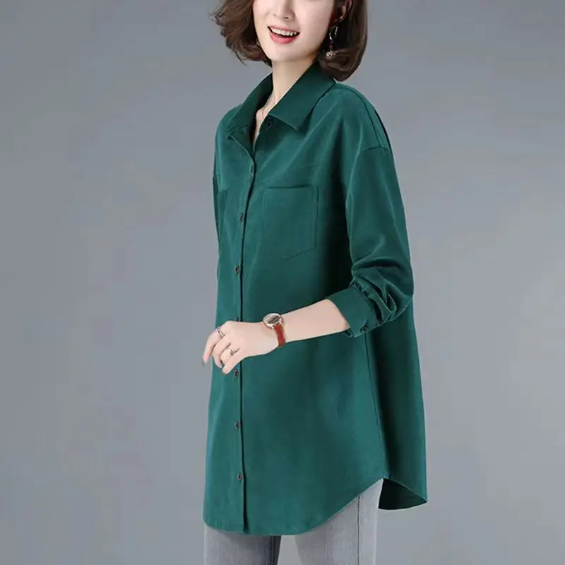 Casual Cotton irt Women's Long Sve Mid-Length Spring Autumn New Sle Korean Loose Mom Casual irt Coat for Middle-Aged...