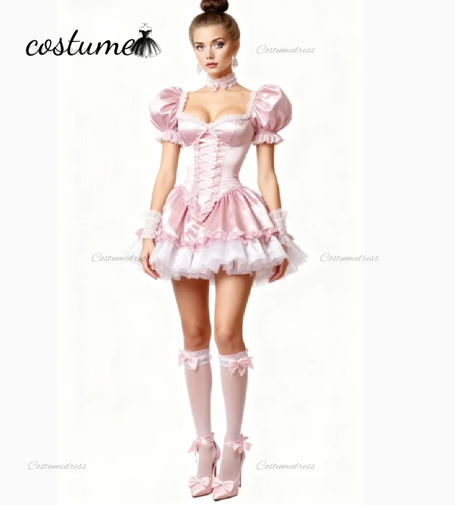 Victoriaanse roze korte avondjurk pofmouwen satijn cosplay galajurk 2026 elegante ruches cocktailjurk meid kostuum verjaardag