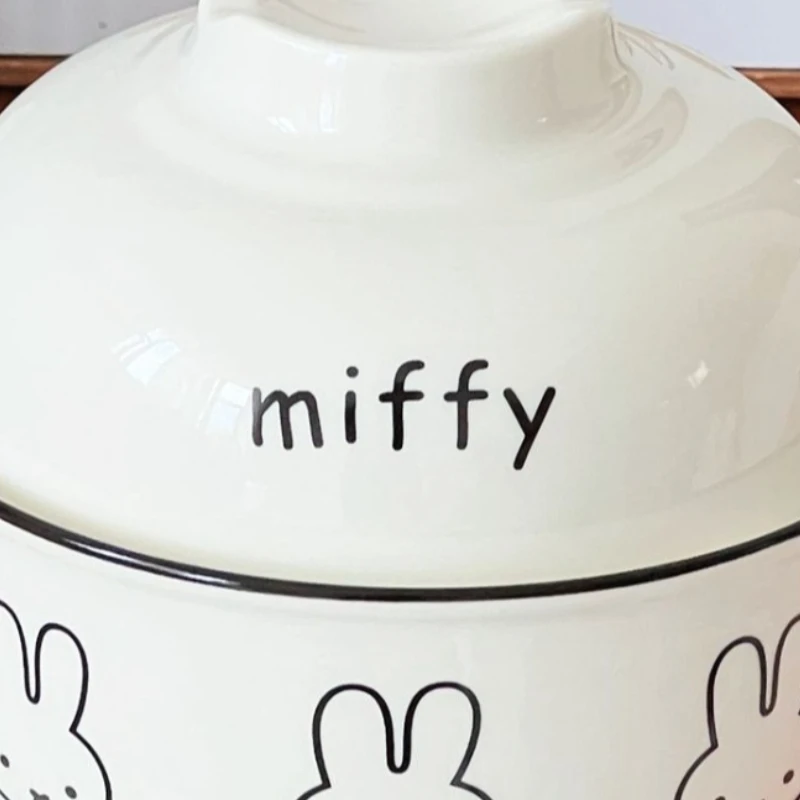 Cartoon Kawaii Miffy Ceramic Household Use New Microwaveable Instant Noodle Bowl Easy To Clean with Lid Large Capacity Welfare