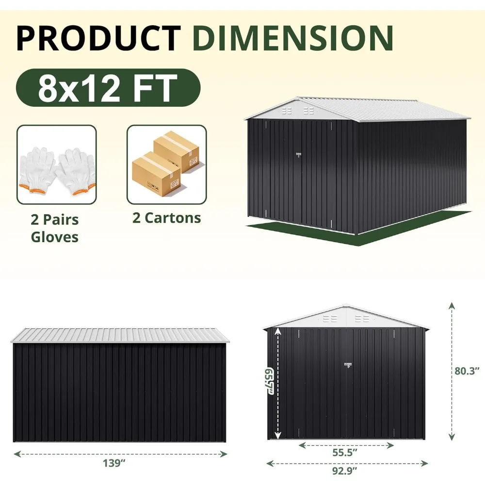 8x12 FT Outdoor Storage Shed, Garden with Updated Frame Structure and Lockable Doors, Metal Tool Sheds, Outdoor Storage Room