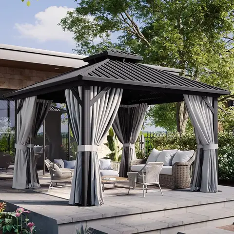 12X12Ft Hardtop Gazebo Metal Gazebo with Galvanized Steel Double Roof, Customized