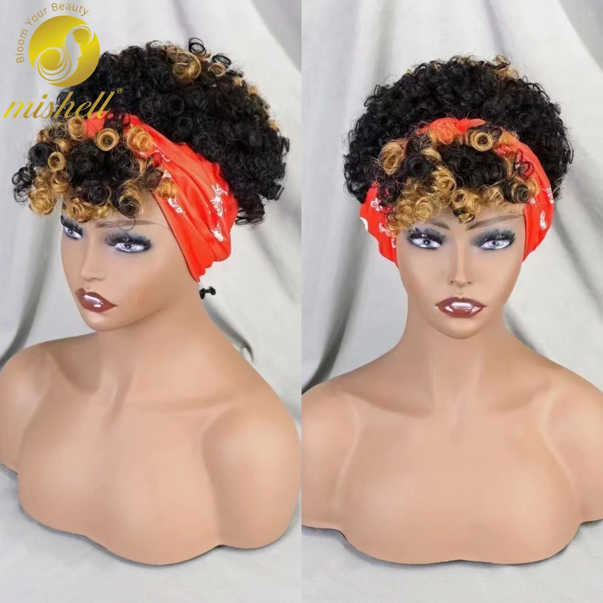 

Afro Kinky Curly Scarf Wig 1B-30 Ombre Machine Made Wig with Bangs Bouncy Curly Human Hair Wig 180% Density for Black Women