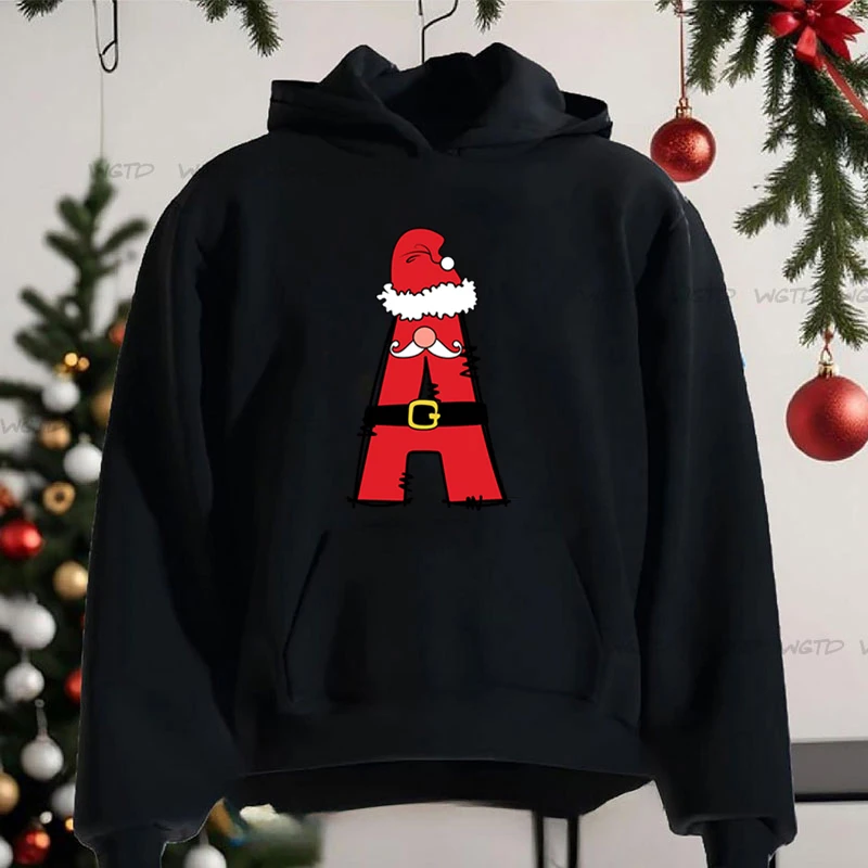 Funny Santa Claus 26 Alphabet Hoodie Christmas Long Sleeve Women Pullover Fashion Xmas Party Gifts Surname First Letter Hooded