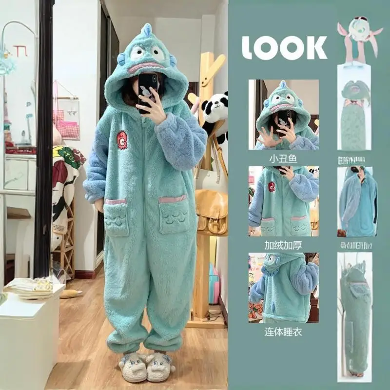 Kawaii Sanrio Hangyodon Coral Fleece Pajamas Girl Autumn Winter Thicken Warm Home Clothes Cartoon Cute Plush Jumpsuit Pajamas