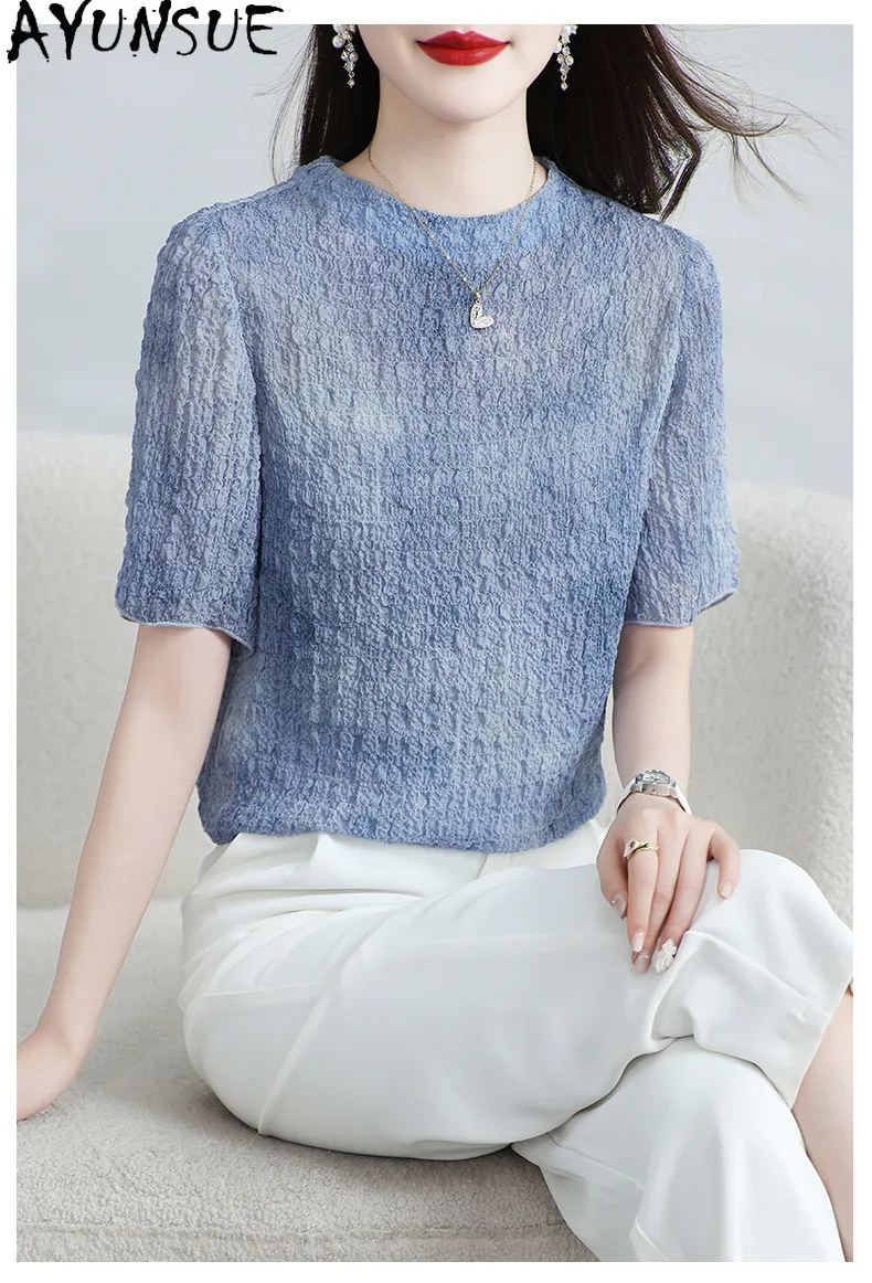 AYUNSUE 96.2% Real Mulberry Silk Women T Shirts Short Sleeved Woman Tops Summer Middle-aged Women Clothing 2026 New Ropa Mujer