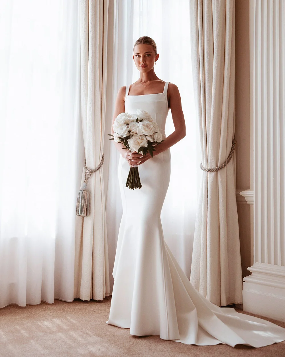 simple elegant wedding dresses near me Embroidered open back sheath wedding dress 8 US / Off White main image 1