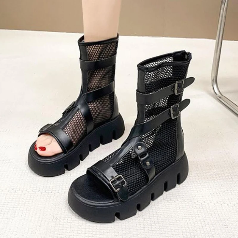 Punk Roman Platform Sandals for Women Cool Boots Mesh Breathable Sandals Korean Streetwear Model Gladiator Shoes Summer New 2024